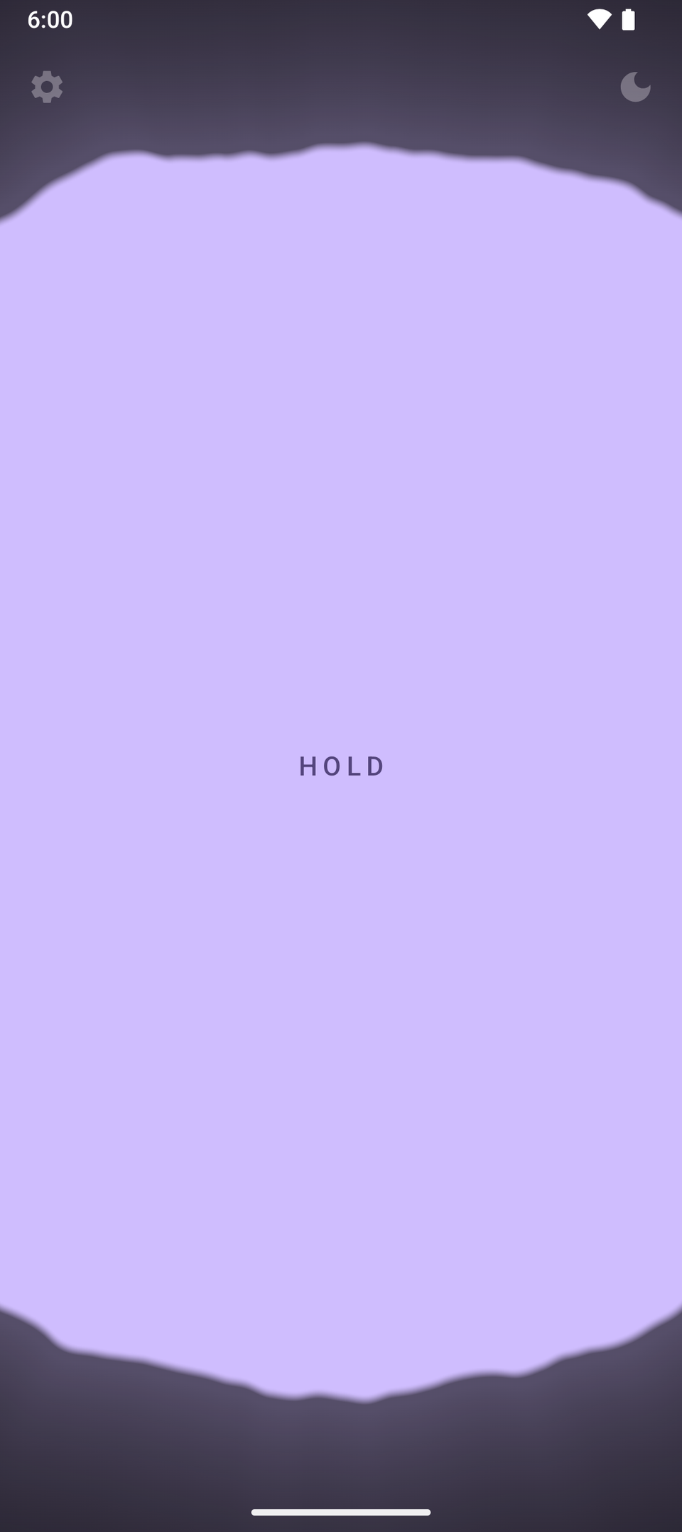 A breathing app showing "HOLD" centred in dark purple text on a pale violet shape that fills the screen, with a settings gear at top left and a moon icon at top right.