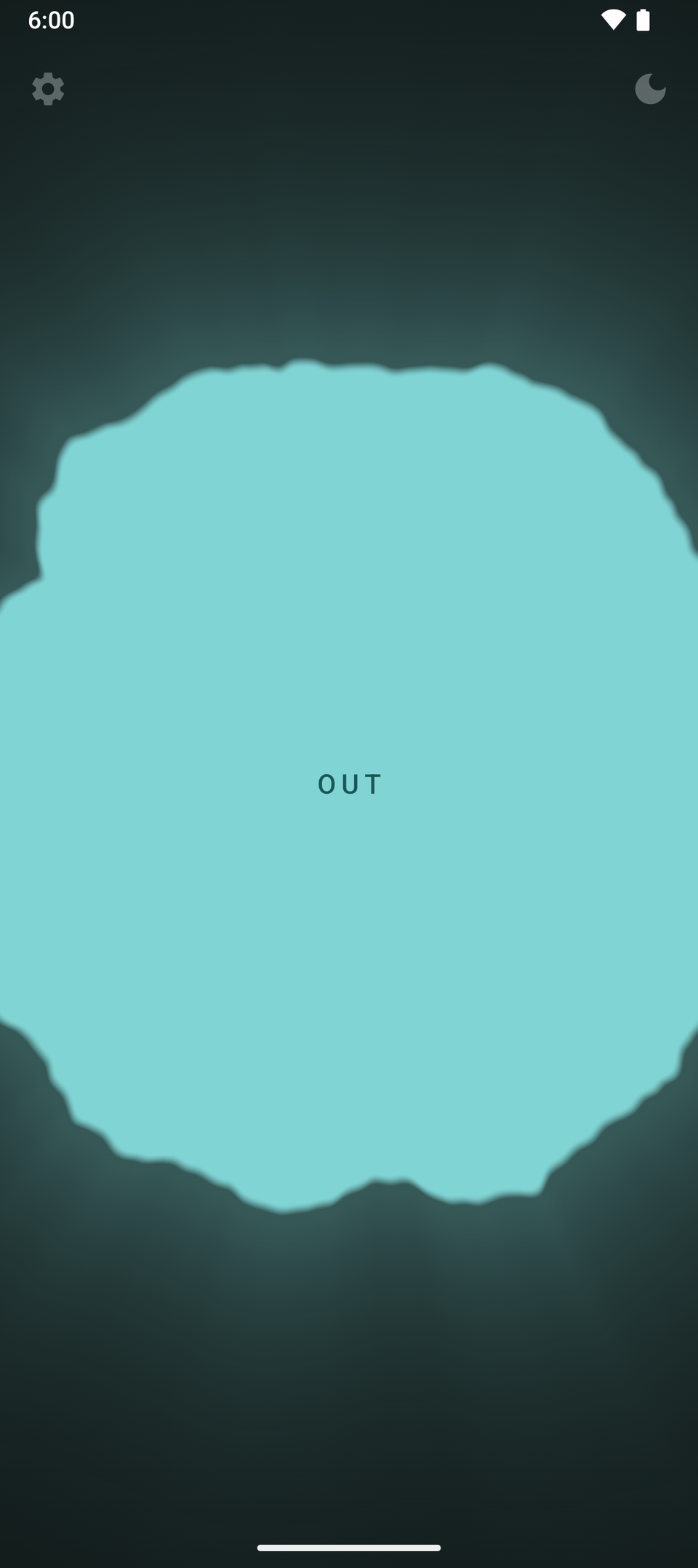 The same breathing app in a teal palette, "OUT" centred on a pale blue shape against a dark slate background, with settings and moon icons in the top corners.