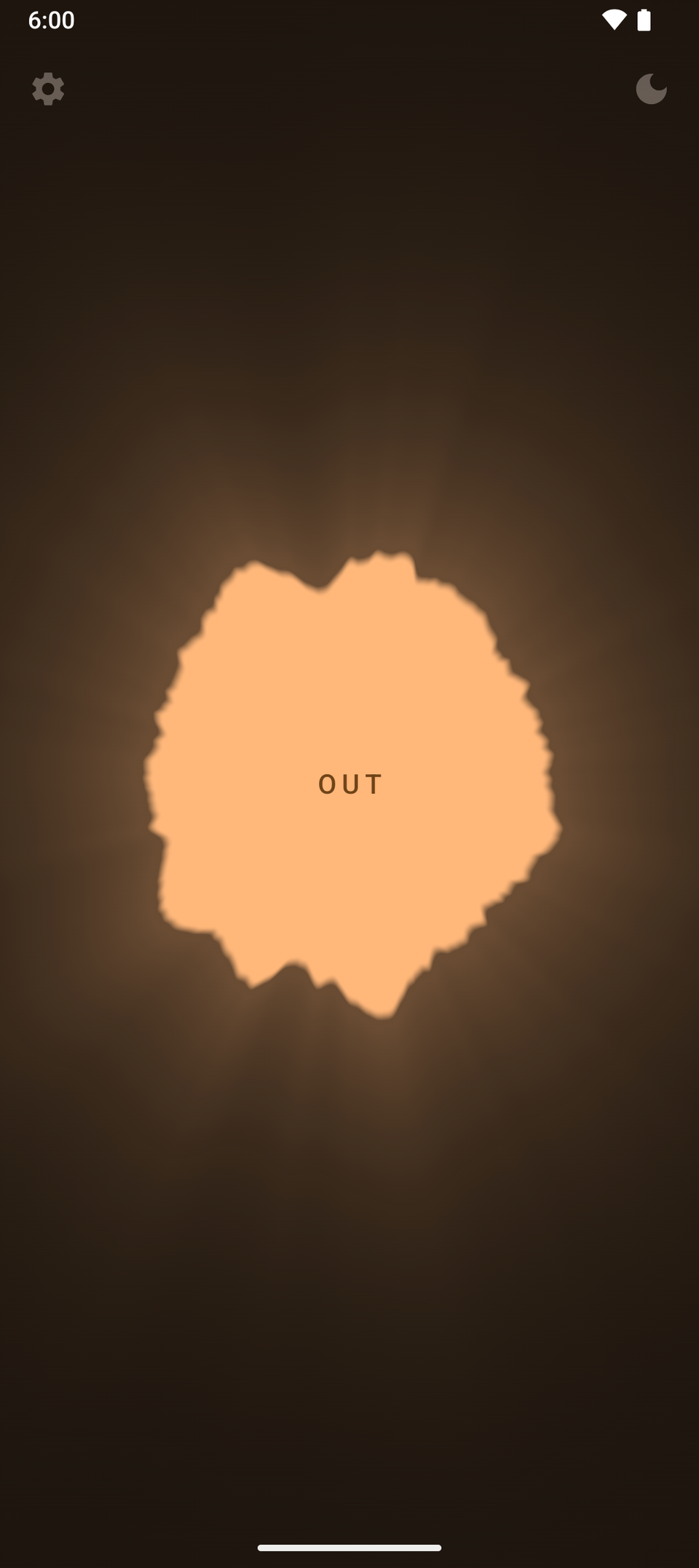The same breathing app in an amber palette, "OUT" centred on a warm orange shape against a dark brown background, with settings and moon icons in the top corners.