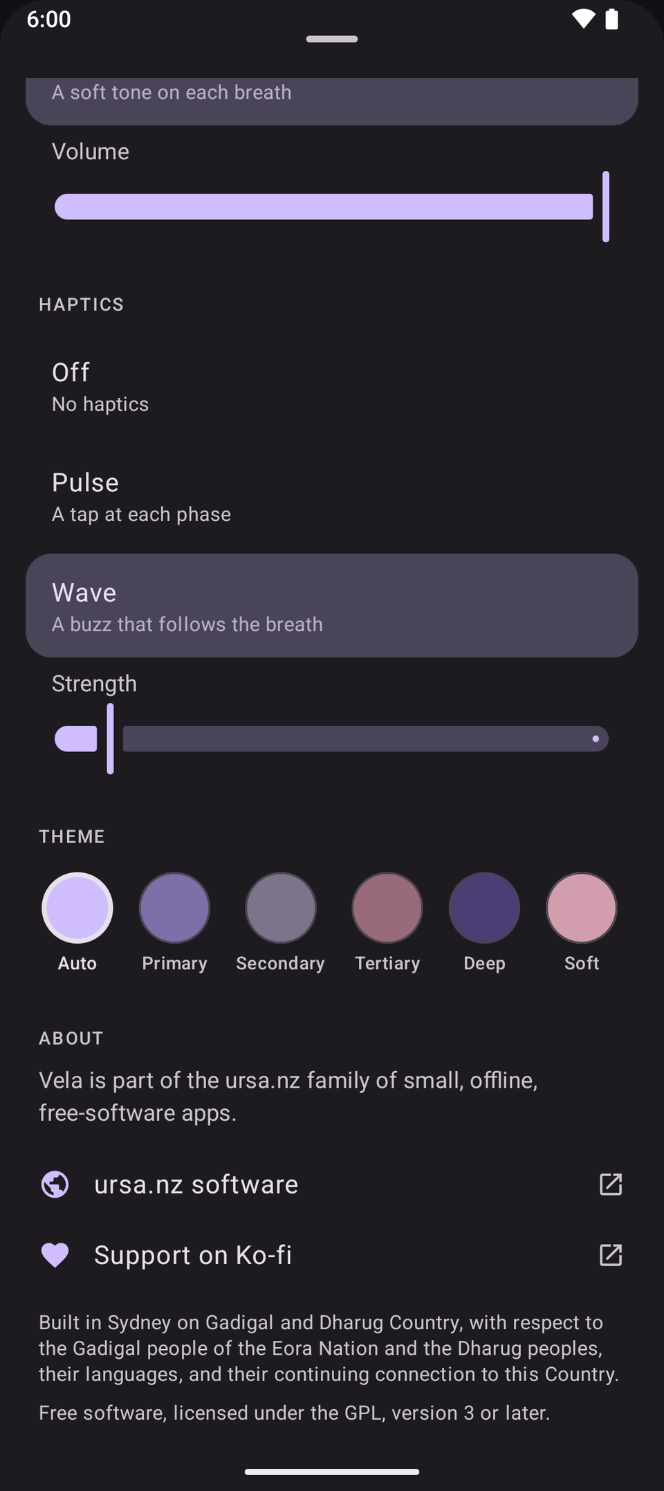 The breathing app with a settings panel slid up from the bottom. A "PATTERN" section lists Box (4·4·4·4, selected), Triangle (4·4·4), Relaxing (4·7·8), and Energising (2·1), with a "VISUAL" section beginning below showing "Living". The faded purple breathing screen sits behind.